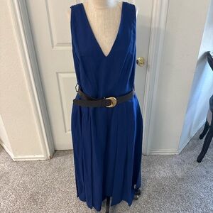 Donna Karan Royal Blue V-Neck Midi Dress with Belt